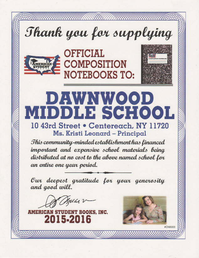Dawnwood Middle School thank-you certificate